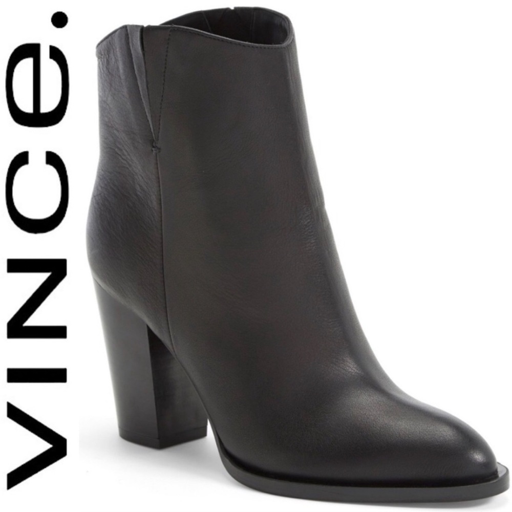 VINCE Erving Western Ankle Bootie Black Leather Stacked Heel Pointed Toe Boots 6